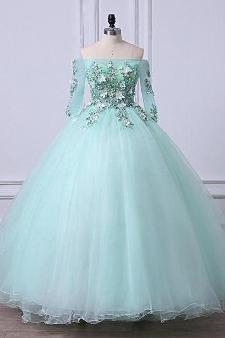 Mint Green Tulle Off Shoulder Long Sleeve Lace Applique Sweet 16 Prom Dress, Formal Dress