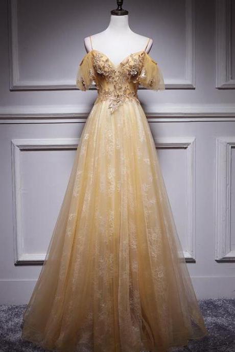 Light Champagne Lace Straps Sweetheart Long Party Dress, A-line Floor Length Prom Dress