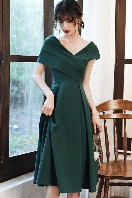Green Off Shoulder Knee Length Bridesmaid Dress, Dark Green Short Party Dress Formal Dress