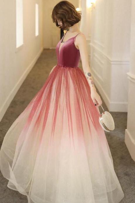 Lovely Pink Gradient Velvet Top Long Evening Dress, A-line Pink Tulle Prom Dress Party Dress