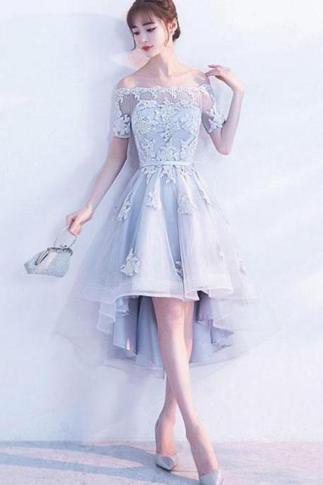 Grey Short Sleeves Tulle with Lace High Low Party Dress, Light Grey Homecoming Dress