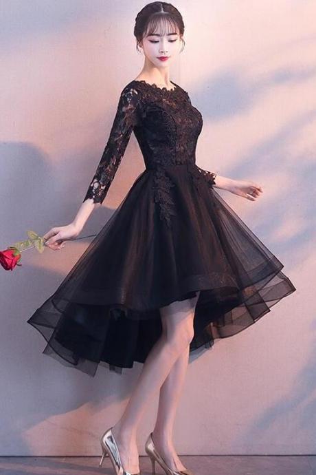 Black High Low Lace and Tulle Round Neckline Prom Dress, Black Short Homecoming Dress