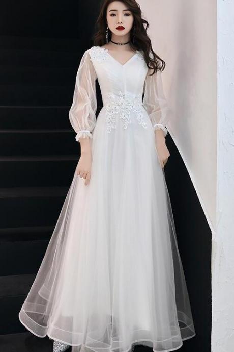 White Long Sleeves Tulle Simple Wedding Party Dress with Lace, A-line Formal Dress