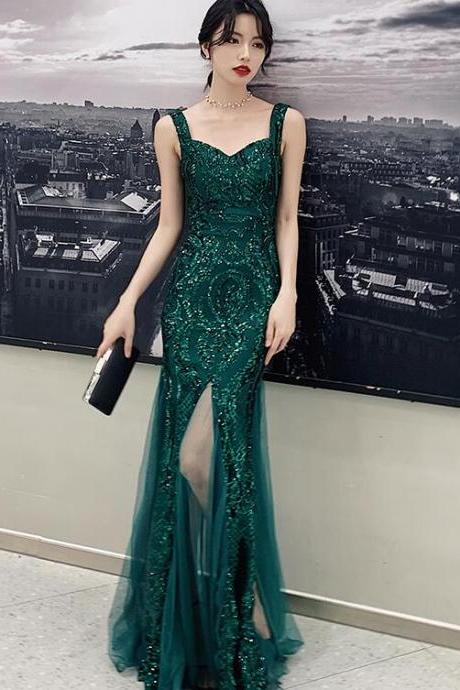 Dark Green Slit Sequins Straps Long Formal Dress, Green Evening Dress Party Dress