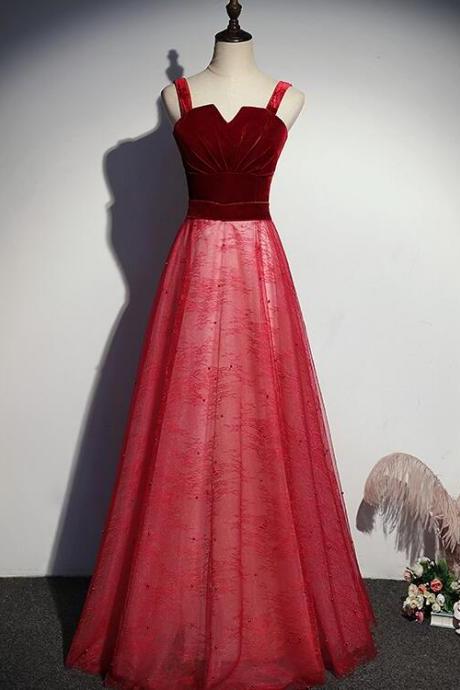 Red Lovely Tulle with Velvet Top Floor Length New Prom Dress, Red Long Formal Dress