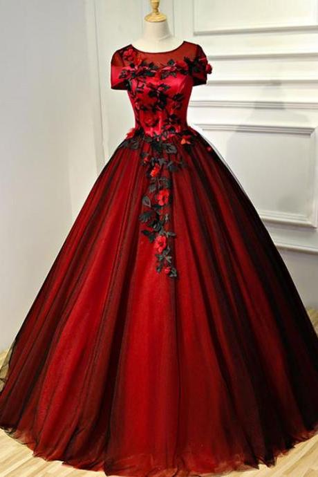 Glam Red and Black Flowers Cap Sleeves Ball Gown Sweet 16 Dress, Princess Long Formal Dress