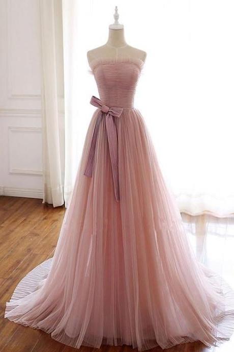 Simple Pink Fashionable Scoop Tulle Long Wedding Party Dress With Bow, Pink Long Formal Dress