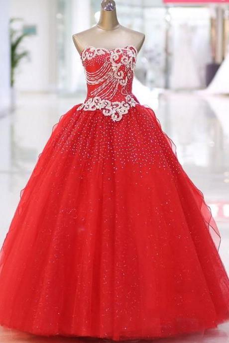 Red Beaded Sweetheart Lace-up Bow Pirncess Formal Dress, Red Sweet 16 Gown