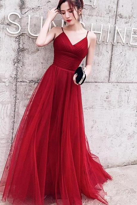 Wine Red Simple Low Back Straps Tulle Prom Dress, Dark Red Formal Dress Party Dress