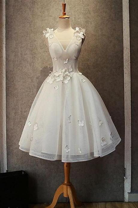 White Tulle Short V-neckline Party Dress, Cute Graduation Dress Prom Dress