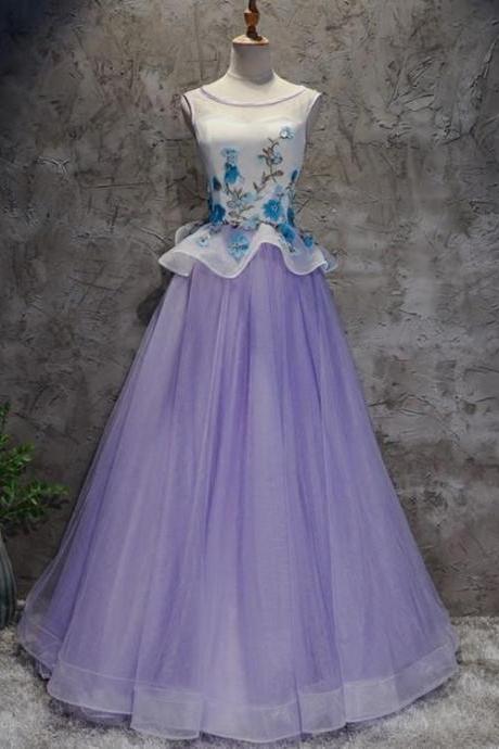 Charming Lavender Tulle Floor Length Floral Prom Dress, A-line Formal Dress 2021