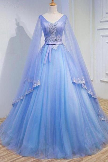 Beautiful Blue V-neckline Prom Dress With Long Sleeves, Lace Applique Party Dress For Teen
