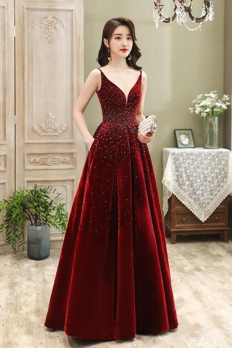 Wine Red Velvet Straps Long Evening Dress, Floor Length Style Prom Dress, Paty Dress