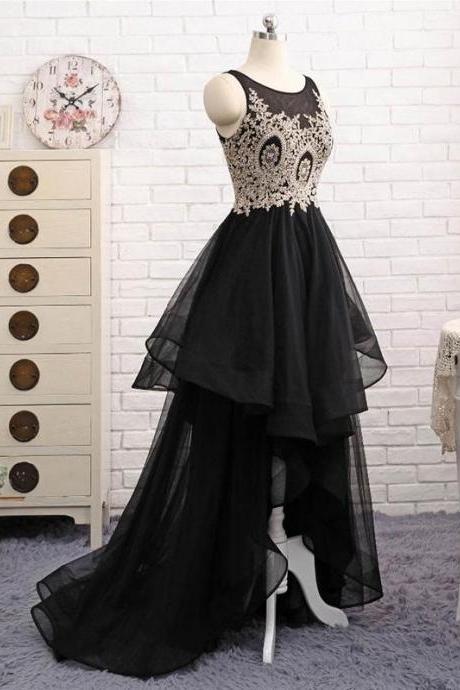 Elegant Black High Low Tulle Party Dress With Applique, Black Formal Dresses Homecoming Dress