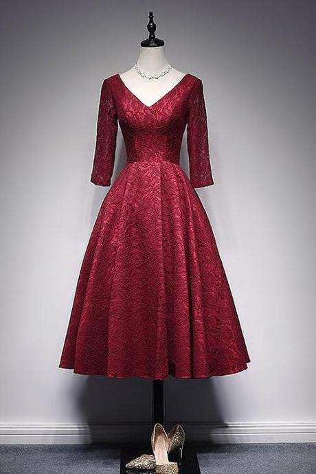 Wine Red Lace Short Sleeves V-neckline Bridesmaid Dress, Tea Length Party Dress Prom Dress