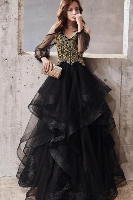 Black Tulle Long Sleeves Layers Party Dress With Gold Lace, Black Evening Dress Prom Dress