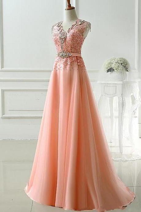 Beautiful Pink Tulle Long Prom Dress, A-line Cap Sleeves Party Dress 2021