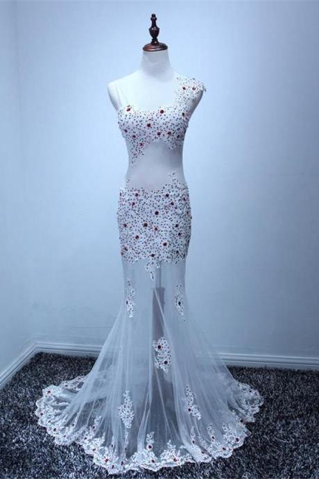 Sexy White See Through Prom Dress,One Shoulder Evening Dress,Mermaid Beaded Party Dress