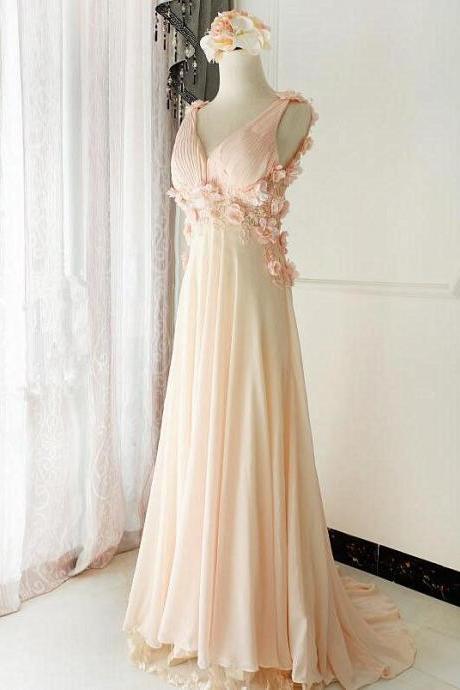Charming Light Pink V Neck Court Train Long Party Dress, Long Chiffon Prom Dress