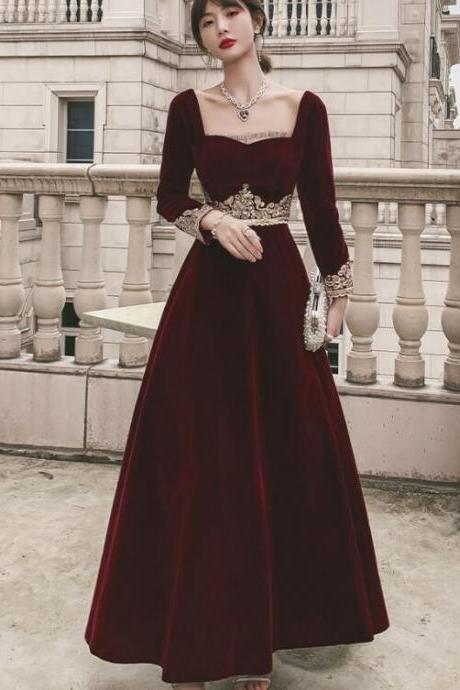 Elegant Wine Red Velvet Long Sleeves Party Dress, Dark Red Evening Dress