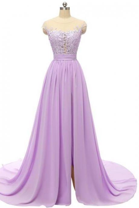 Beautiful Simple Chiffon with Lace Slit Long Prom Dress, A-line Prom Dress 2021