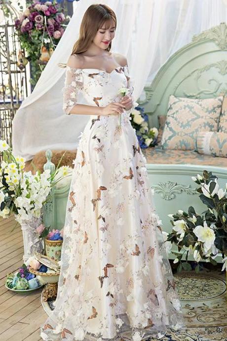 Beautiful Light Champange Off Shoulder Long Party Dress, A-line Floor Length Prom Dress
