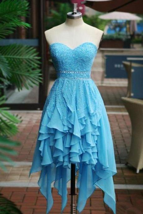 Beautiful Blue Beaded Chiffon Homecoming Dress, Light Blue Party Dress