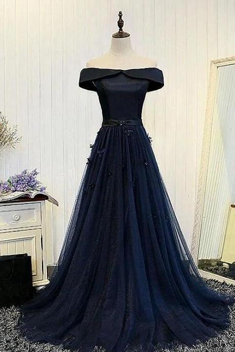Navy Blue Off Shoulder Tulle Long Party Dress, A-line Floor Length Prom Dress