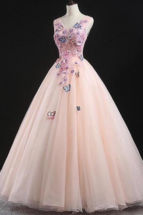 Charming Pink Flowers Ball Gown Long Sweet 16 Dress, Pink Prom Dress