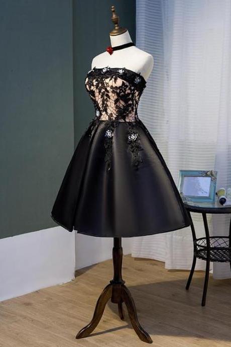 Charming Black Satin With Lace Applique Homecoming Dress, Knee Length Prom Dress