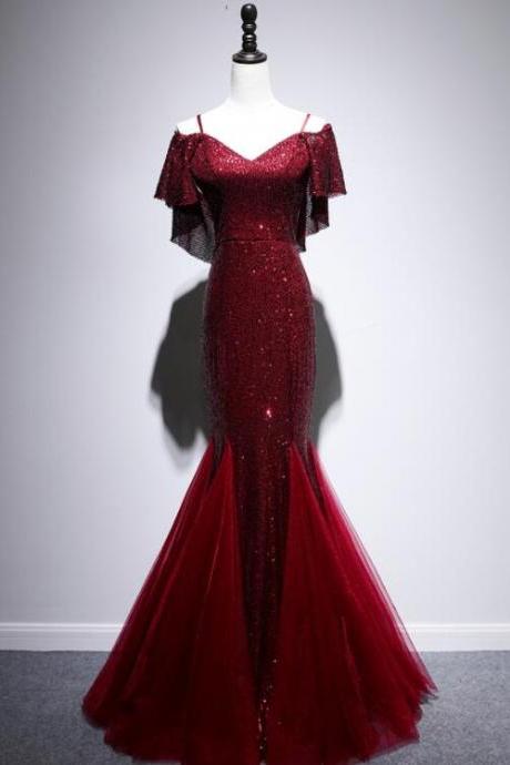 Beautiful Dark Red Sequins Mermaid Straps Long Party Dress, Fashionable Prom Dress