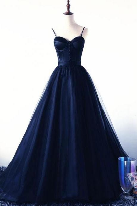 Charming Navy Blue Tulle and Satin Straps Long Party Dress, Navy Blue Prom Dress