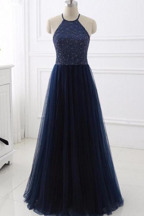Elegant Navy Blue Halter Beaded Long Evening Dress, Beautiful Prom Dress