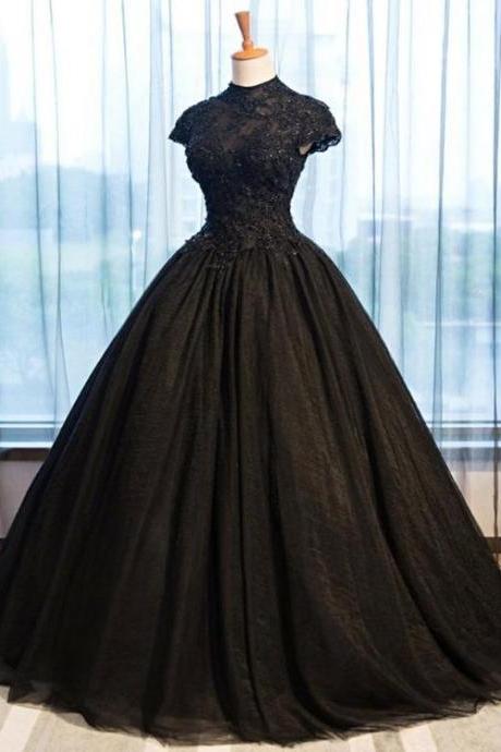 Beautiful Black Cap Sleeves Long Tulle Party Dress, Black Prom Dress