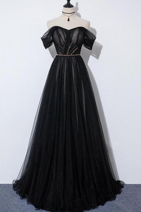 Black Off Shoulder Sweetheart Tulle Long Party Dress, A-line Prom Dress Evening Dress