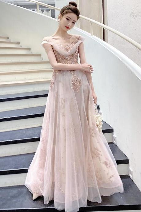 Light Pink Tulle A-line Long Prom Dress, Evening Gowns Party Dress
