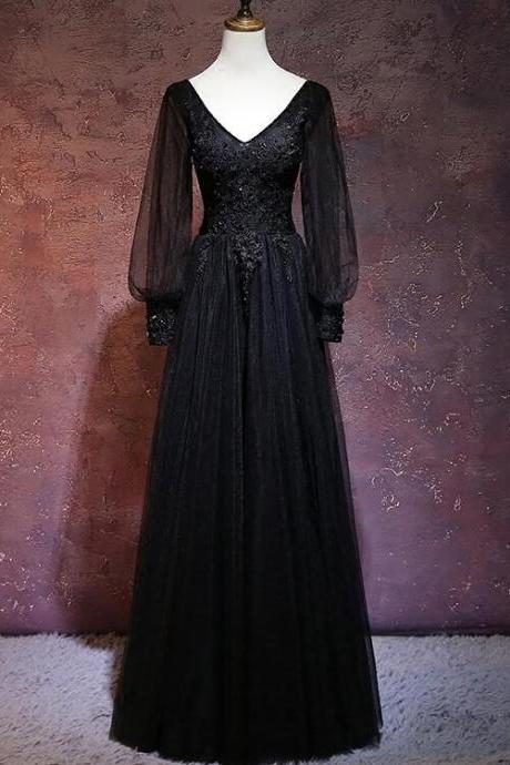 Beautiful Black Long Sleeves V-neckline Evening Dress, Black Prom Dress