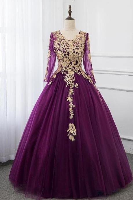 Beautiful Purple Tulle Long Sleeves with Lace Applique Party Dress, Long Formal Dress