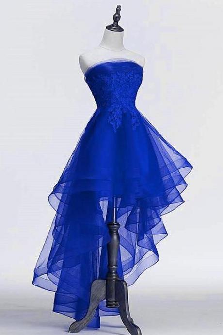 Royal Blue Tulle with Lace Applique High Low Party Dress, Blue Homecoming Dress