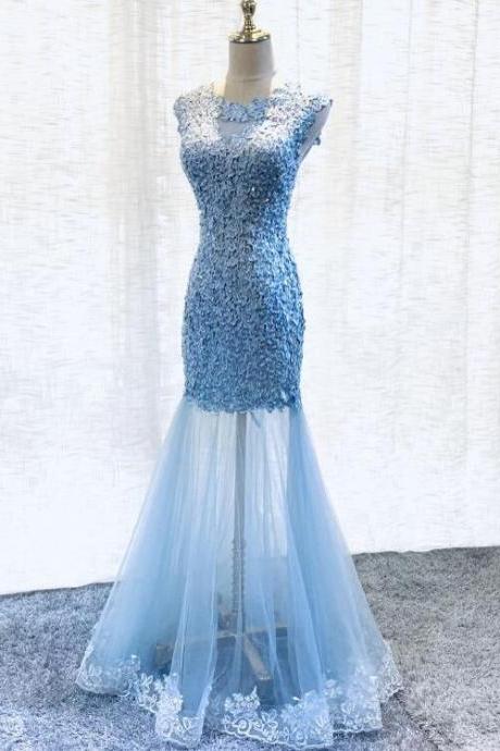 Sexy Blue Lace Mermaid Tulle Long Prom Dress, Round Neckline Lace-up Party Dress