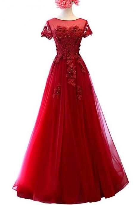 Dark Red Tulle Cap Sleeves Long Formal Dress with Lace, Long Evening Gown