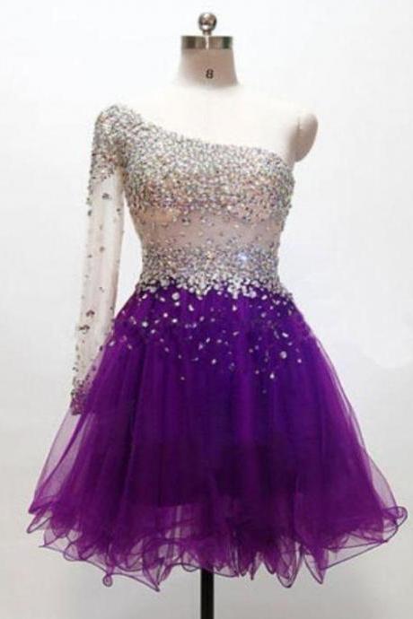 One Shoulder Sequins Purple Tulle Short Party Dress, Homecoming Dress