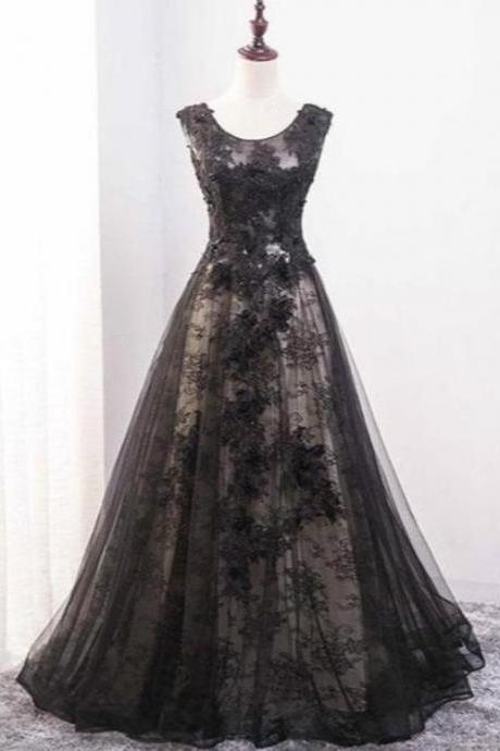 Black Tulle And Lace Round Neckline A-line Party Dress, Wedding Party Dress