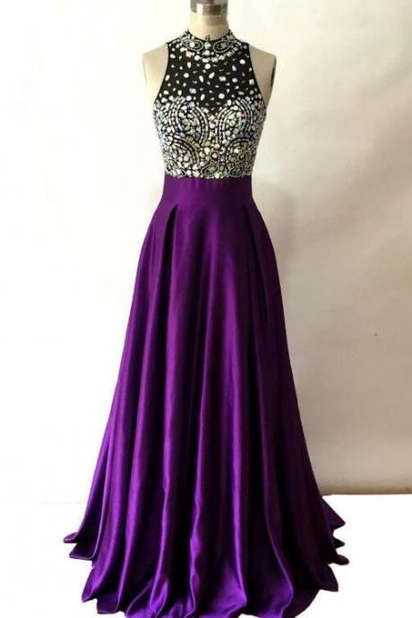 Beautiful Beaded Round Neckline Purple Long Prom Dress, Evening Gown