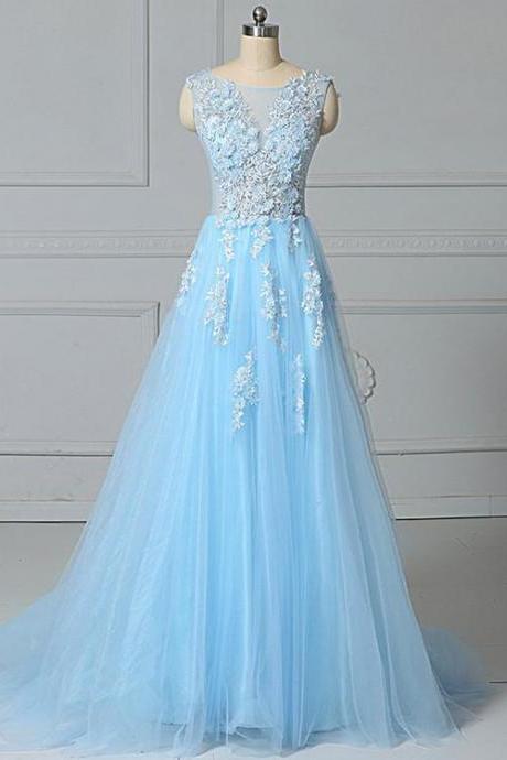 Beautiful Light Blue Tulle Long Party Gown, Prom Dress 2020