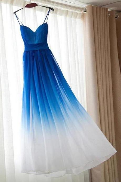 Beautiful Spaghetti Strap Blue Gradient Bridesmaid Dresses,long Prom Dress