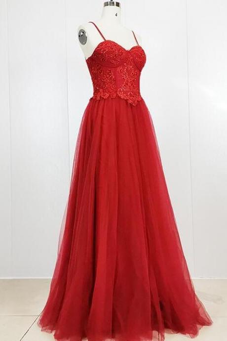 Red Tulle Sweetheart Straps Long Party Gown, Red Prom Dress