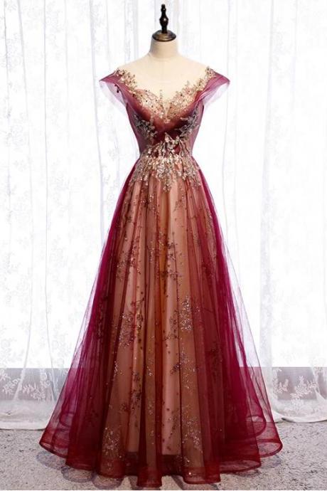Charming Tulle Cap Sleeves Long Party Gown, Prom Dress 2020