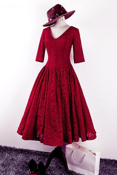 High Quality Burgundy Lace Wedding Party Dress, Tea Length Prom Dress
