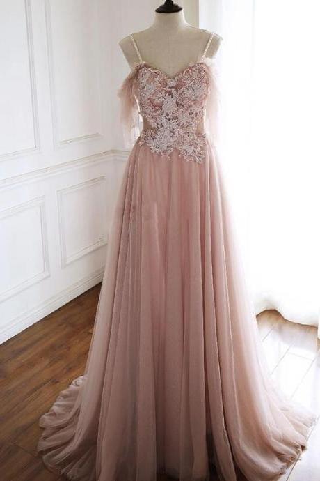 Charming Pink Off Shoulder A-line Tulle Floral Party Dress, Junior Prom Dress